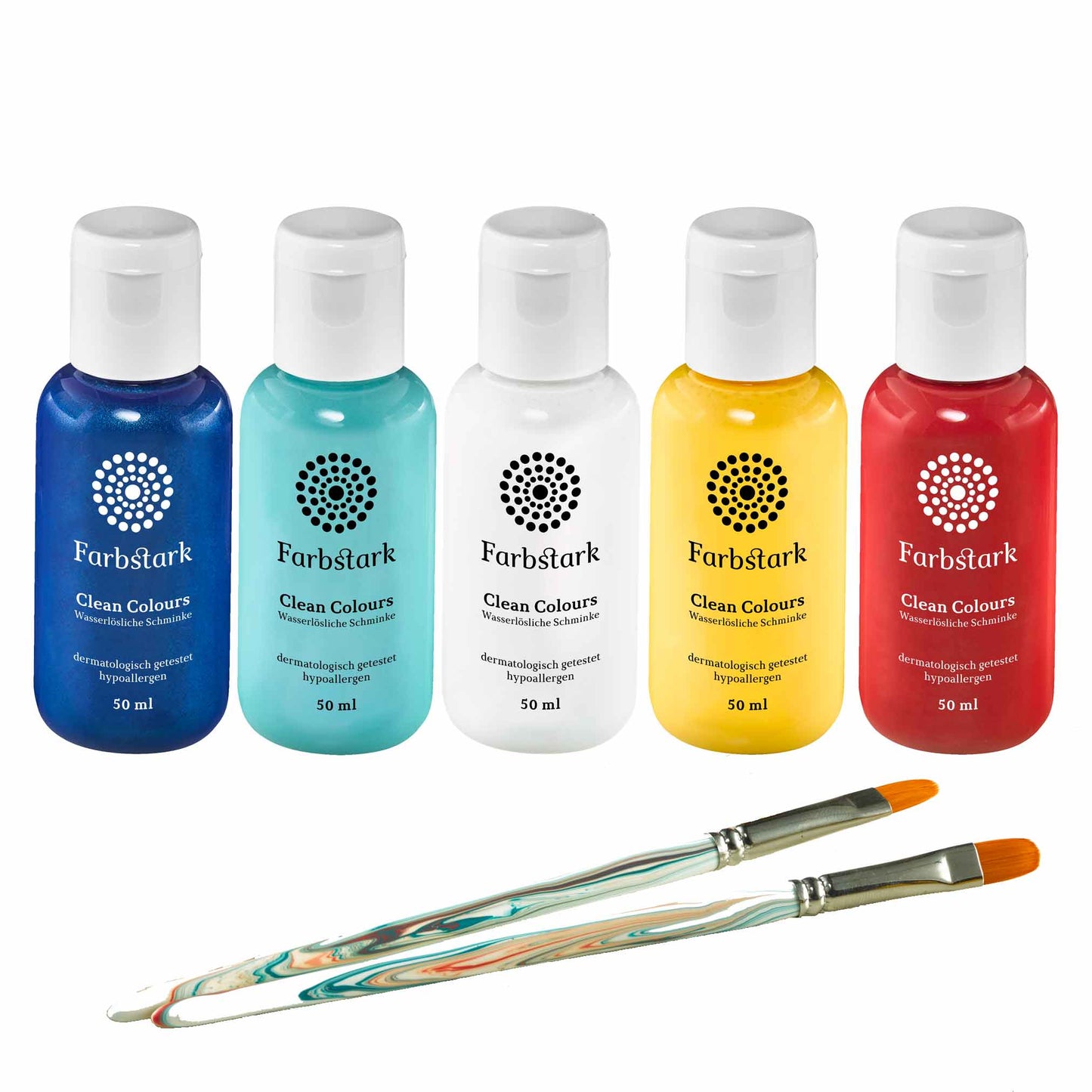 Dating Set bestehend aus den Farben Blau Metallic.Türkis, Weiß,Gelb und Hellrot und zwei Pinseln Größe K8