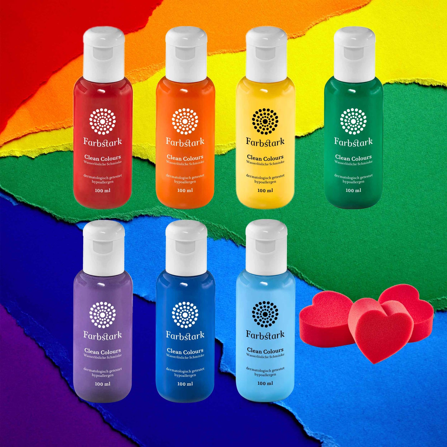 Bodypainting Farben Set Regenbogen (7 x intensive Körperfarbe plus 3 Schwämmchen)